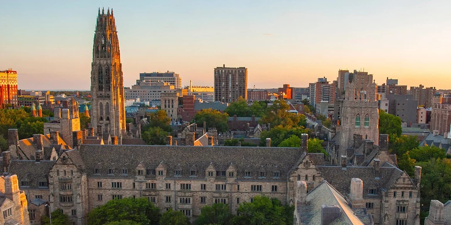 Yale University campus at sunset, with Harkness Tower
